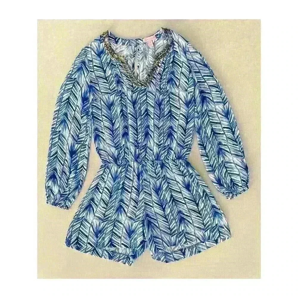 Lilly Pulitzer Sz XS Colby Romper Blue Palm Print Summer Vacation Travel Night - Picture 5 of 16